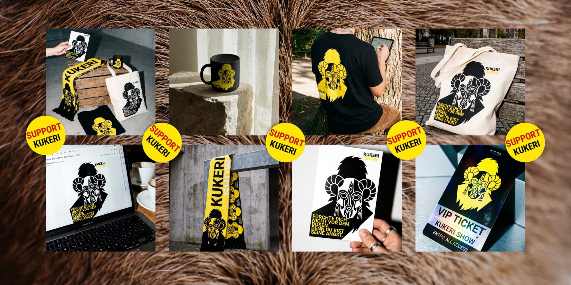 KUKERI merch — tote bags, mugs, scarves, tees and posters in the black-and-yellow ram-mask brand